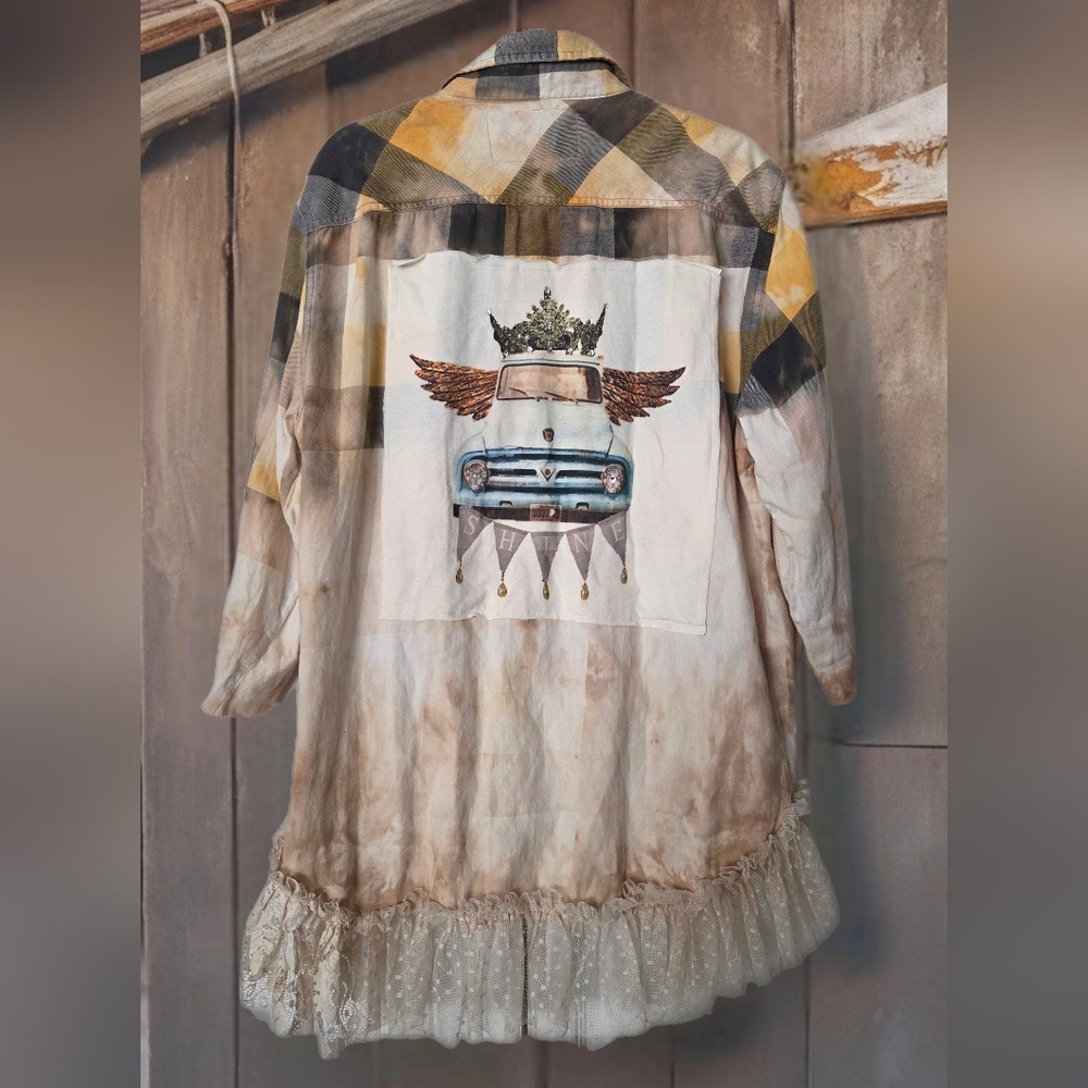 Upcycled Angel Wings And Crown Vintage Car distressed Plaid Flannel Shirt